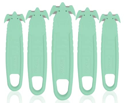 Safety Box Cutter, T TOVIA Sharp Durable Stainless Steel Concealed Blade Package Opener with Tape Splitter for Cartons, Cardboard, Wrap, Straps, Film (5 Pcs - Green)