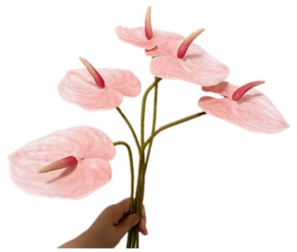 Rikyo Künstliche Anthurium-Lilien, 61 cm, permanent,Blumenstrauß und grünes Blatt für Zuhause, Brautschmuck, Hochzeit, Festival,Handwerk, kleine Blumenstrauß-Accessoires (Hellrosa), 5 Stück