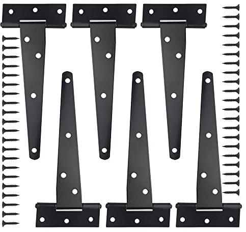 XINMEIWEN Lot de 6 charnières en T pour abri de jardin - 15,2 cm - Charnières robustes noires pour porte de grange, clôture en bois