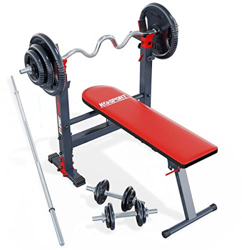 K-Sport: Hantelbänk set med tryckbänk, hantelhylla, super SZ-stång, långa, hantlar och 95 kg vikter | ø 30 mm viktskivor | träningsset för ditt hem gym