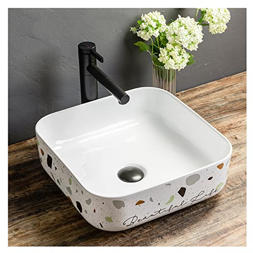 Vasque à Poser 15.1X15.1 Évier vasque carré en porcelaine moderne au-dessus du comptoir évier de salle de bain blanc bassin en céramique avec robinet noir et évacuation escamotable (pas de trou de t
