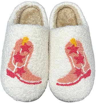 CLYCTIP Pantoufles en peluche brodées rétro cowboy pour femme, Bottes, 39/40 EU