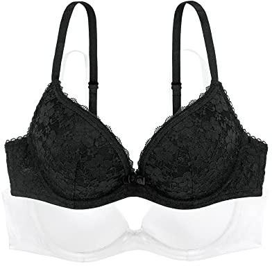Dorina Reggiseno Push-Up Plunge Donna Sonia Confezione da 2 – con Ferretto, Coppe Preformate con Pizzo e Morbido Tessuto Micro per Sostegno e Comfort, Nero e Bianco