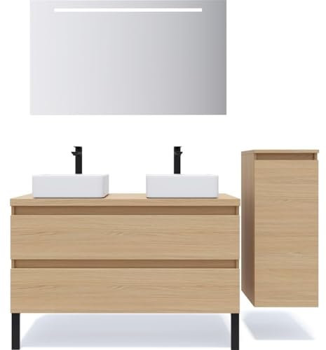 HOMIFAB Meuble de Salle de Bain Suspendu 2 vasques à Poser 120cm 2 tiroirs Chêne Clair + Miroir + Colonne Ouverture Droite - Hudson