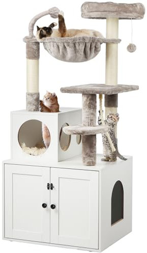 Timberer Cat Tree with Litter Box Enclosure, 2-in-1 Cat Tower for Indoor Cats, Large Wood Cat Condo with Basket, Scratching Posts, Pompoms, White