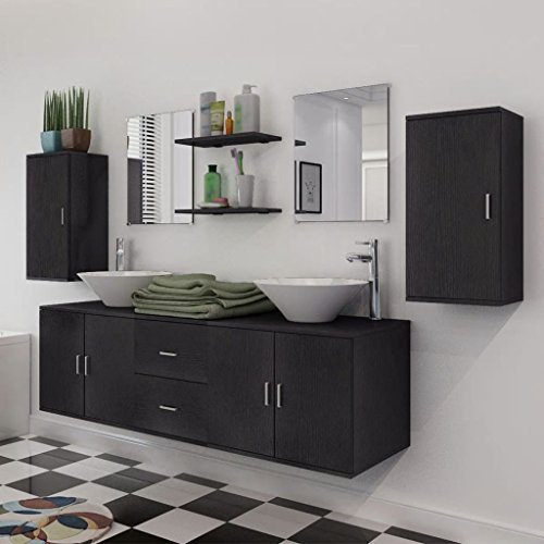 IKAYAA Conjunto de Muebles de Baño Negro, 9 Piezas, Incluye Lavabo Doble, Espejo y Estante