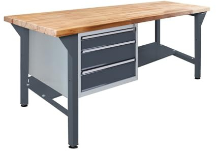 Steinbock Werkbank mit 3 Schubladen | 500 kg Tragkraft | HxBxT 85 x 200 x 75 cm | Anthrazitgrau | 5 cm Starke geölte Massivholz-Arbeitsplatte | stabiles Stahlgestell | Made in EU | Werktisch