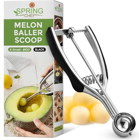 Spring Chef Extra Small Cookie Scoop, Stainless Steel Melon Baller, Baking Scooper, Spring Loaded Trigger for Cookie Dough, Ice Cream, Meatball, Cupcake - 0.6 tablespoon (tbsp) portion, #100, Black