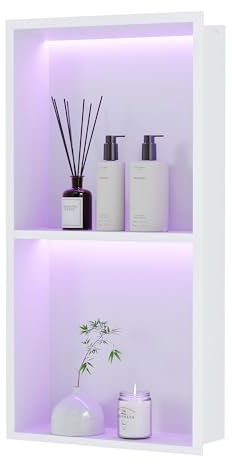 Neohomee Ducha de pared de acero inoxidable con luz LED RGB, doble nicho de ducha blanco, almacenamiento con mando a distancia para baño, 60 x 30 cm