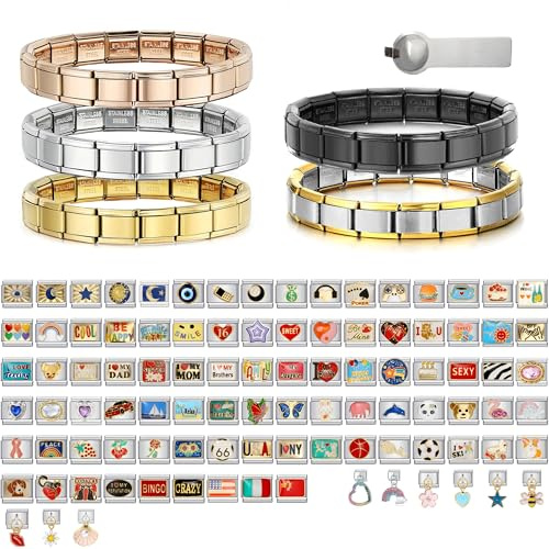 Personalisierbares italienisches Charm-Armband: Wählen Sie einen Starter mit bis zu 8 personalisierten Anhängern, graviertem Charm, Fotodruck-Anhänger, 18 centimeters, Edelstahl, Kein Edelstein