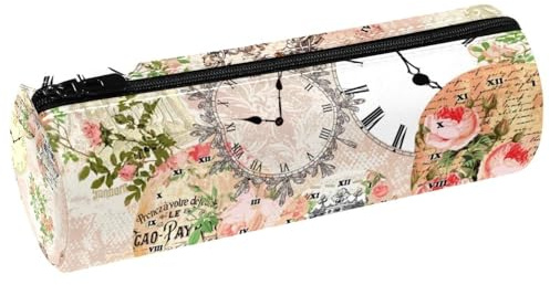 VAPOKF Digital Clock on Vintage Paris Rose Background Leather Barrel Pen Pencil Case Coin Purse Cosmetic Makeup Bag for Student Stationery School Office Storage