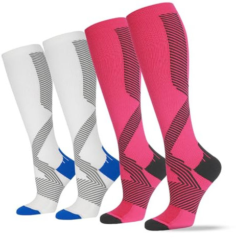 OndaCore Kompressionsstrümpfe Sport, Laufstrümpfe Damen & Herren, Kompressionssocken mit Anti-Blasen Schutz, Stützstrümpfe für Muskelerholung & Workouts(Weiß/Rosa,S-M)