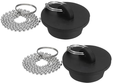 QUARKZMAN 2 Piezas Tapones para Bañera Goma de 1-3/8 Tapón de Desagüe de Fregadero de Cocina con Anilla de Extracción y Cadena de Cuentas de Acero Inoxidable de 15 Negro