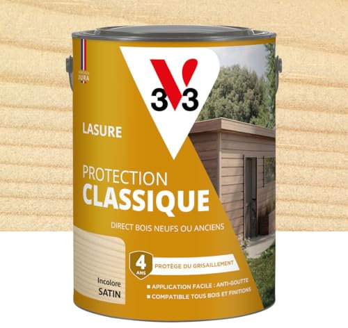 V33 Lasure Bois extérieur Incolore - Protection Classique 4 ans - Protège du grisaillement - Direct bois neufs ou anciens - Texture anti-goutte - 5L