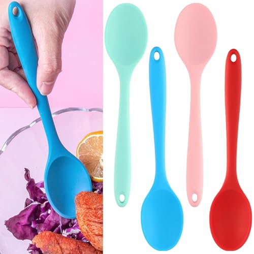 4 Pcs Silicone Kitchen Spoons with Non-Stick Coating, Perfect for Mixing, Baking, Serving and Stirring (red, Green, Pink, Blue)