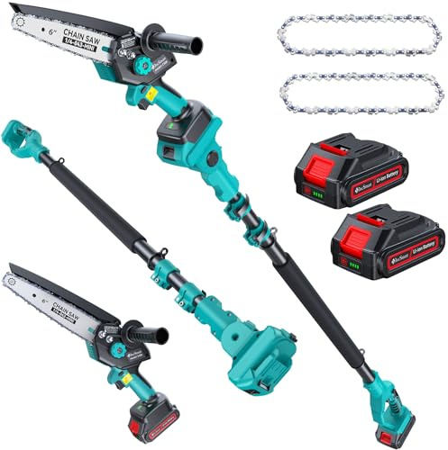Pole Saws for Tree Trimming, 6 Brushless Mini Chainsaw Cordless with Extension Pole 2 Batteries, Electric Hand Held Chain Saw & Pole Pruner for Trimming Tree Limbs, Gardening Gifts for Father's Day