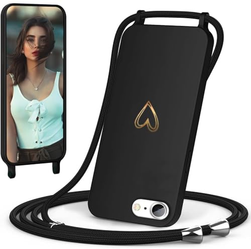 CaseLover Handyband kompatibel mit iPhone 16e/17e Hülle mit Band, Schwarz | Herz Muster, Silikon Necklace Handyhülle mit Abnehmbar Kordel zum Umhängen, Stossfest Bumper Handy Schutzhülle Case 6.1