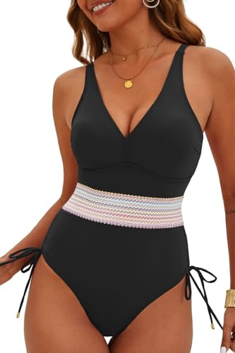 Joligiao Baddräkt för kvinnor, mage, v-ringad, monokini sexig, push-up, one piece, baddräkter, eleganta volang, strandmode, hög midja och dragsko, badmode, baddräkt, avtagbar bh, vadderad, svart, S