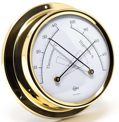 BARIGO 983MS TEMPO Thermo-Hygrometer, Glas, Messing poliert | Präzisions-Messgerät, Messbereich 20-100 % r. F. und 0-40 °C, Luftfeuchtigkeitsmesser, Thermometer, 110 mm Durchmesser