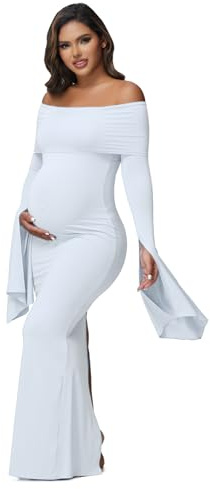 JustVH Women's Maternity Long Flared Sleeve Off Shoulder Baby Shower Dress