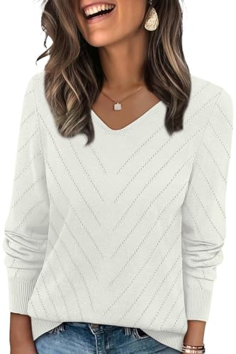 WIHOLL Long Sleeve Shirts for Women Casual Fall Sweaters Lightweight Vacation School Outfits for Teachers V Neck Crochet Tops Soft Ribbed Knit Pullover Spring Fashion 2026 White S