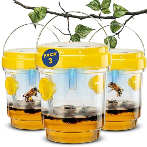 TriskelBlue Solar Wasp Traps Outdoor Hanging 3 Pack Reusable Catcher with LED Light for Yellow Jackets Hornets Bees Flies Patio Porch Garden Backyard