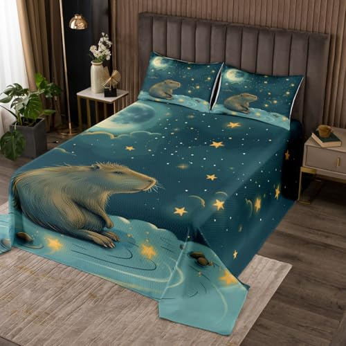 Erosebridal Cute Beaver Quilt Set Queen Size for Home, Wild Animal Coverlet for Kids Boys Girls Women Men Bedroom, Wildlife Bedspread, Galaxy Starry Sky Bedding Set