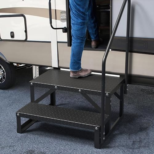 Wohnmobil-Treppe, Tritthocker mit 2Handlauf Trittstufe, Wohnmobil-Stufen mit Griff & breiter rutschfeste Plattform, 300kg Tragkraft RV Steps für Wohnwagen Camping, Haustier, Anhänger, ältere Menschen