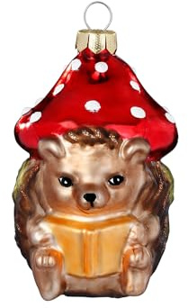 Christbaumschmuck Glas 7,7cm - Igel mit Pilzhut Figur zum Aufhängen - handbemalt - Weihnachtsbaum Anhänger für Weihnachten - Christbaumanhänger & Weihnachtsbaumschmuck - Wald Tiere Braun Rot