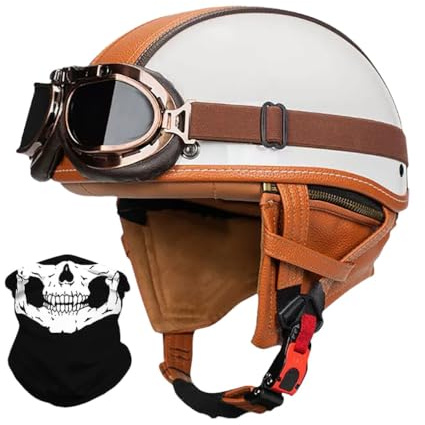 Yirunfa Demi Casque De Moto avec Lunettes Léger Casque Jet Rétro, Demi-Casque Moto Cuir Vintage Homologué ECE, Boucle à Dégagement Rapide Réglable Casque Ouvert pour Scooter Vélo Cruiser