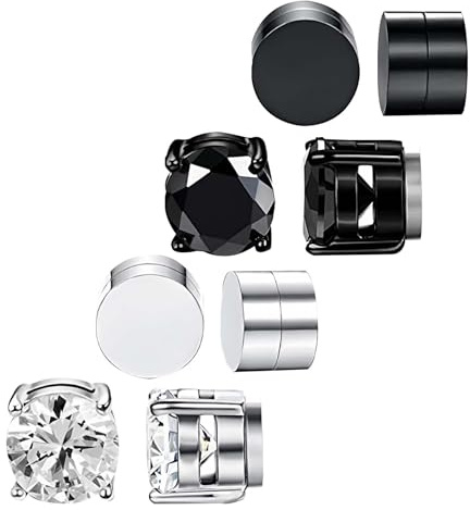 4 Pairs Magnetic Earrings for Men Women, 8MM Non Piercing Clip On Earrings, Stainless Steel Zircon Magnetic Earring for Girls Boys, Fake Earring Jewelry for Birthday Anniversary (Silver, Black)