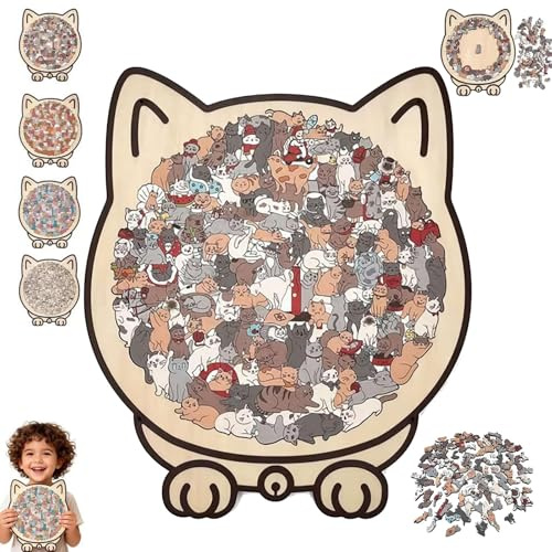 Lot de 135 puzzles en bois en forme de chat aux couleurs Morandi - Chat animal mignon - Décoratif avec des contours charmants de chats - Encadré et avec couvercle acrylique - Cadeaux créatifs pour la