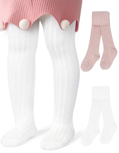 MELLIEX 2-pack baby trikåer, mjuka varma strumpor för flickor med hög midja för flickor och pojkar 0-30 månader, Rosa och vit, 6 meses