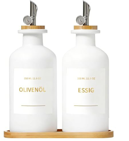 Raddile Essig und Ölflaschen Set, 2 Stück 350ml Ölflasche, Olivenöl Flasche mit 22 Aufkleber, Automatisches Öffnen und Schließen Glas Ölspender für Kochen, Salat und Grillen (Weiß)