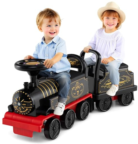 COSTWAY 6V Train Porteur Électrique Enfant 2 Places avec Locomotive et Wagon, Voiture Électrique Enfant avec Lumières et Sifflet et Musique, 2,6 km/h, Voiture Porteur pour 18 Mois+, Charge 25kg