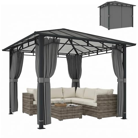 Outsunny Gartenpavillon ca. 3 x 3 m Metall Pavillon mit 6 mm Polycarbonat-Dach 4 Seitenteile, UV50+ Wasserabweisend Stabil Winterfest Outdoor Pergola mit Hardtop Dunkelgrau