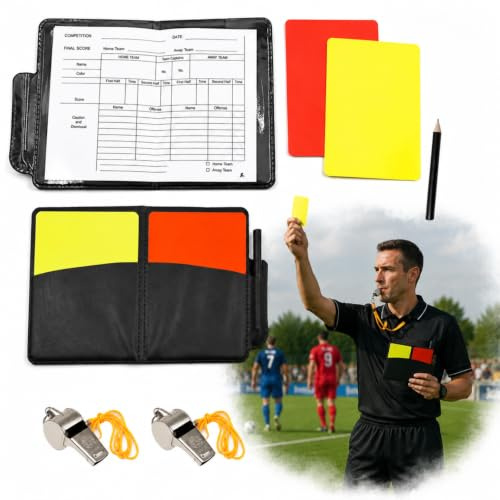 PAXQNVTR 2 PCS Referee Cards Set, Red and Yellow Football Referee Cards with Leather Case, Metal Whistle with Lanyard, Score Book and Pencil, Referee Kit for Football Soccer Match