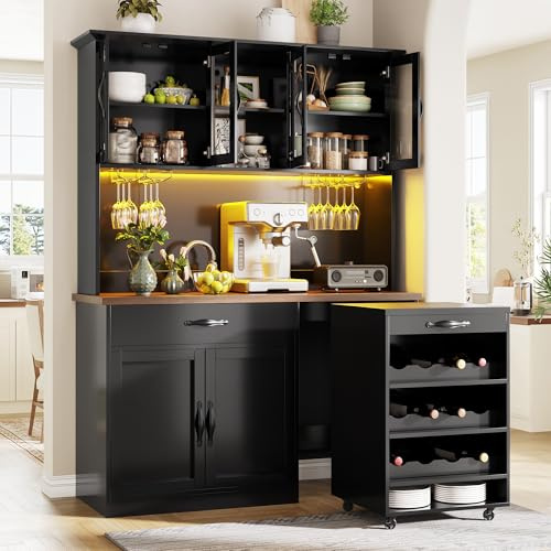Mrwoo Multifunktions-Küchenschrank mit LED-Beleuchtung und Abnehmbarem Rollwagen, Buffetschrank mit Schrank und Schublade, Weinglashalter, Weinschrank, Schwarz-B, 140x38x180 cm