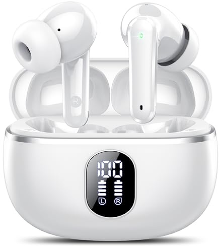 Auriculares Inalámbricos Bluetooth, Auriculares Bluetooth 5.4, 4 HD Mic con Reducción de Ruido ENC, 50H con HiFi Graves, Cascos Inalambricos Bluetooth Deportivos IP7 Impermeable, Ajuste Cómodo Blanco