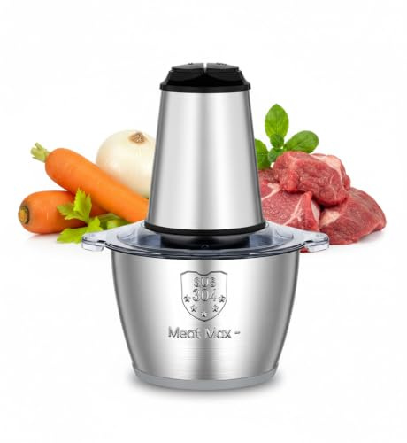 Baroni Home Tritatutto Elettrico Multifunzione 2 in 1, Tritacarne e Tagliaverdure con 4 Lame in Acciaio Inox, per Carne, Verdure, Frutta, 22x22x26cm (Grigio)