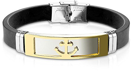 Bungsa Armband Anker aus Silikon Schwarz - mit Silberner Edelstahlplatte & Klickverschluss - Herren-Armband für Männer