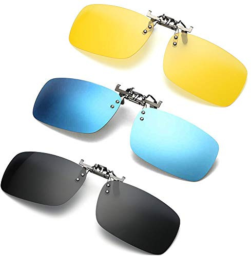 NEWON 3 PACK, Clip on Flip up Polarized Sunglasses For RX Eyeglasses, UV Protection Shades Lens Over Prescription Glasses, Black+Blue mirror+Yellow