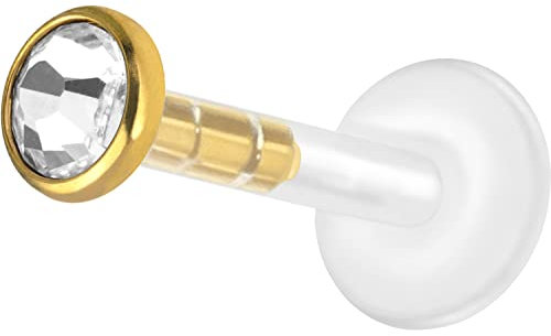 PIERCINGLINE Bioplast Labret Piercing mit Plug in System Kristallstecker aus Chirurgenstahl Piercing Nase Ohr Lippe Goldfarben 6 x 3 mm