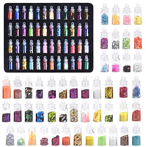Chstarina 48 Boxen Nagel Glitzer, Holographische Nagelpuder, Nagel Funkeln Pailletten, 3D Sterne Herz Pailletten, Nagel Perlen, Nagel Dekoration für Gesicht Nägel Augen Haare Körper oder Epoxidharz