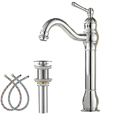 Bathroom Vessel Sink Faucet Tall Chrome 360° Swivel Single Handle with Pop Up Drain Assembly Without Overflow Lavatory One Hole Lever Bowl Sink Faucet Baisn Mixer Tap Commercial