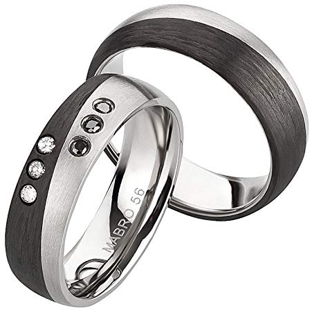 Partnerringe & Eheringe aus Titan und Carbon mit 6 Diamanten (3 weiß & 3 schwarz, 0,090 ct ) – Paar Verlobungsringe / Hochzeitsringe / Freundschaftsringe inkl. Gravur, Etui & Garantie | Modell AB3854