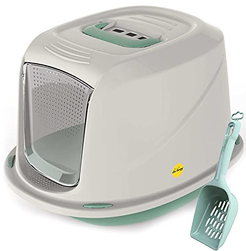 CAT CENTRE Galaxy Hooded Kitten Litter Tray, Medium Green, Scoop & Filter | Cat toilet box, litter pan, swing flap door, carry handle, easy cleaning, starter pack, portable pet loo