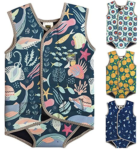 Swim Cosy Baby-/Kleinkind-Neoprenanzug mit LSF 50 – Neopren-Wickeldesign für Jungen/Mädchen 0–3 Jahre – Einhörner, Dinosaurier, Enten (Leben im Meer, Größe L 18–30 Monate)