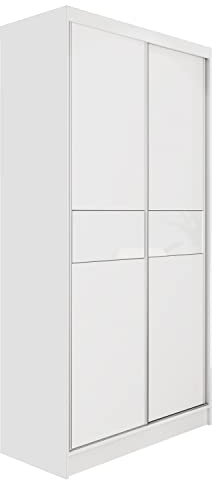 MEBLINI Kleiderschrank, 2 Türen - Schwebetürenschrank mit Kleiderstange - Schlafzimmerschrank mit Einlegeböden - Wardrobe Closet - Tanna - 120 cm - Weiß/Weiß + Weiß Lacobel