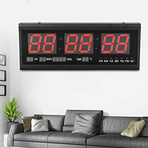 SanBouSi Led Digitale Wanduhr 48cm Große Kalenderuhr Temperatur Wanduhren Digitaluhr Ziffer Display Tischuhr für Zimmer Küche Büro, EU Stecker (Rot)
